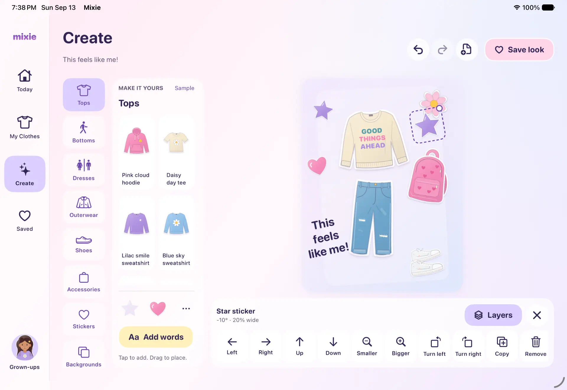Mixie's iPad scrapbook editor with a sweater, jeans, backpack, shoes, stickers, and editable text.